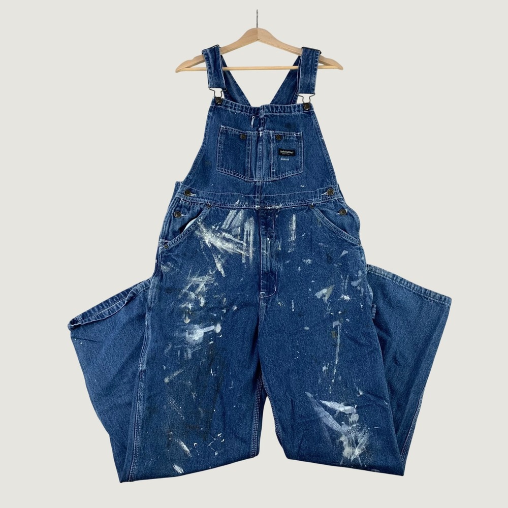 VTG Y2K Denim Overalls Mens 36x30 Blue Thrashed Painters Straight Leg Baggy